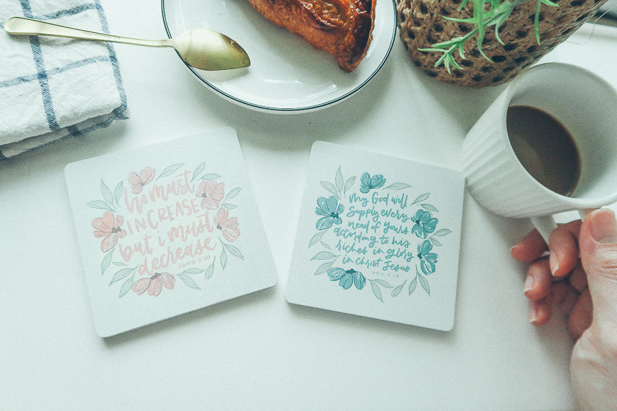 He Must Increase But I Must Decrease {Coasters} - coasters by Hannah Letters, The Commandment Co , Singapore Christian gifts shop