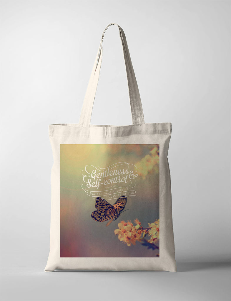 tote bag design that says "gentleness & self control against such things, there is no law."