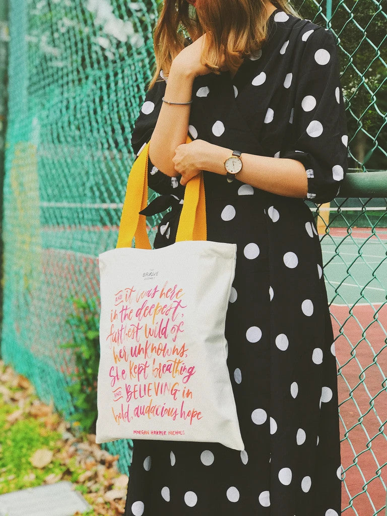 BELIEVING En:Courage tote bag artwork featuring a message of bold, audacious hope.