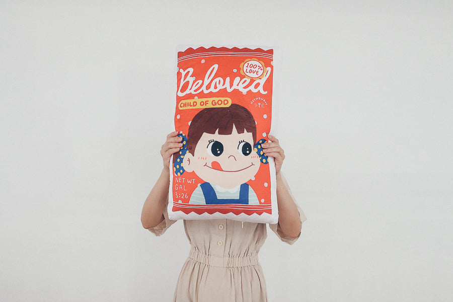 Beloved Milky Candy Christian plush with illustrated girl design.