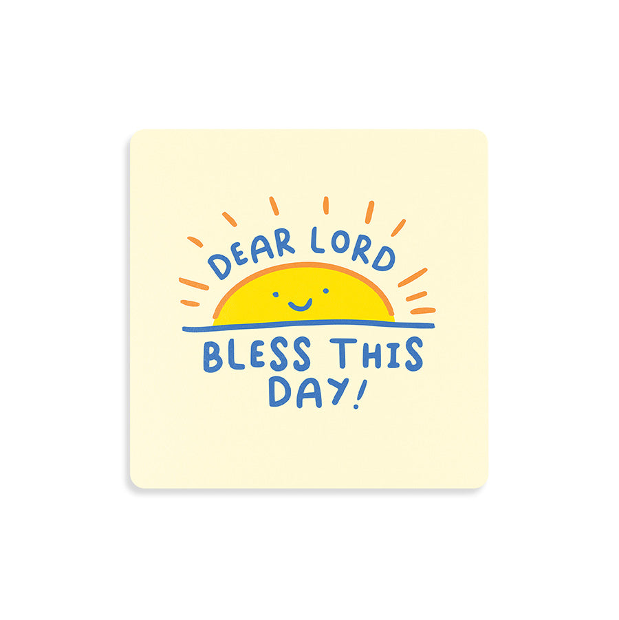 Bless This Day Christian wooden coaster with cheerful sunrise illustration.