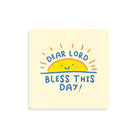 Bless This Day Christian wooden coaster with cheerful sunrise illustration.