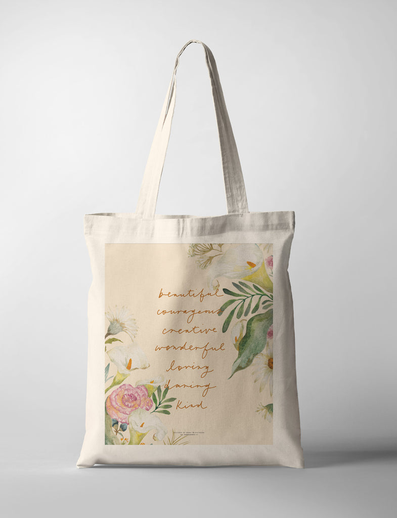 Beautiful Courage Creative Wonderful Loving Daring Kind {Tote Bag} - tote bag by Love The Ark, The Commandment Co