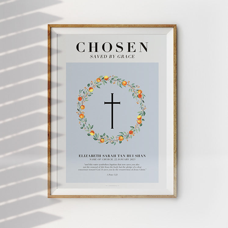 Customisable baptism poster personalised with name, date, location and verse.