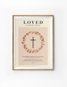 Chosen Loved Faith baptism poster with vintage wreath and fruit illustration.