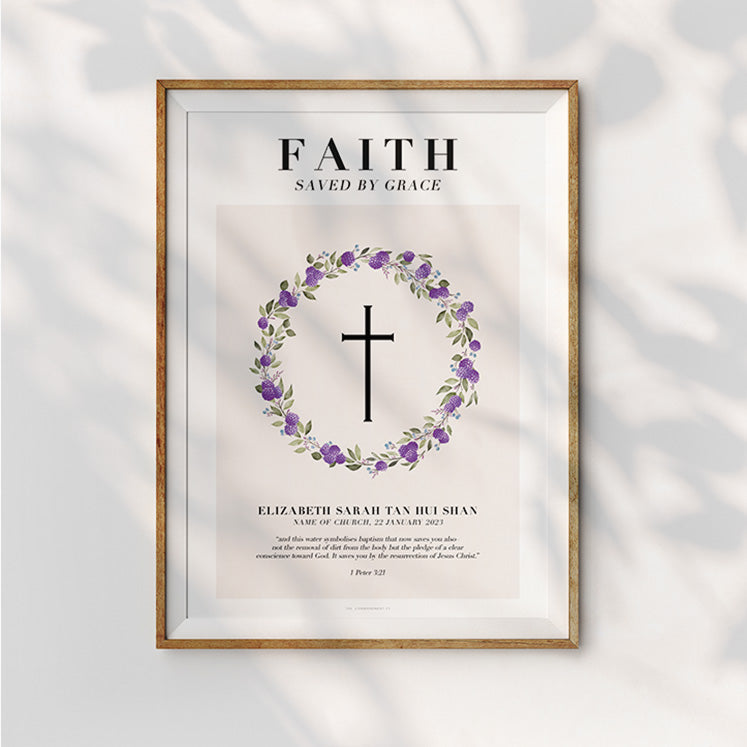 Chosen Loved Faith baptism poster with saved-by-grace design details.