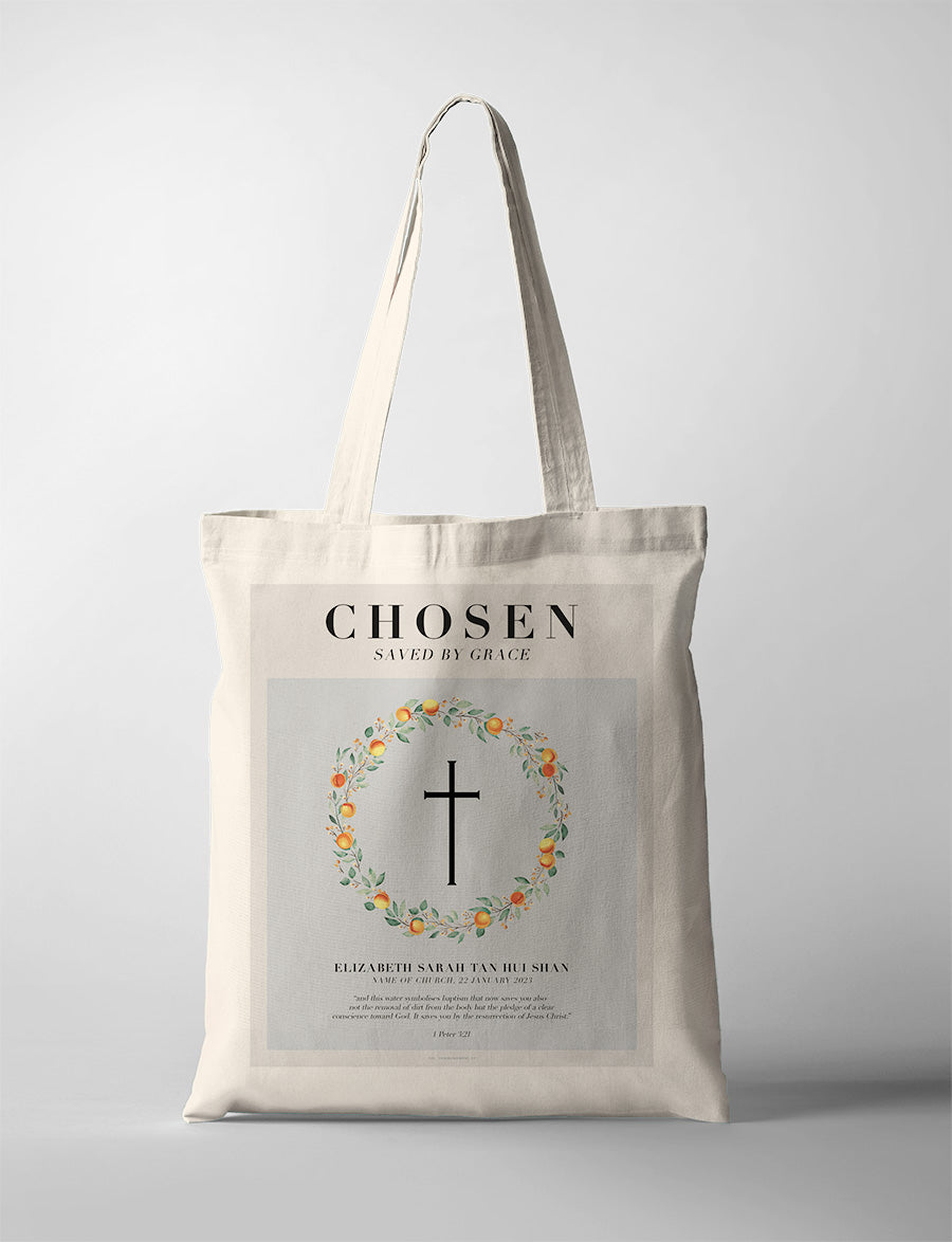 Chosen Loved Faith customisable Christian baptism tote bag.