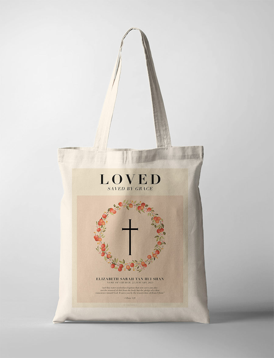 Customisable baptism tote bag with Chosen Loved Faith design.