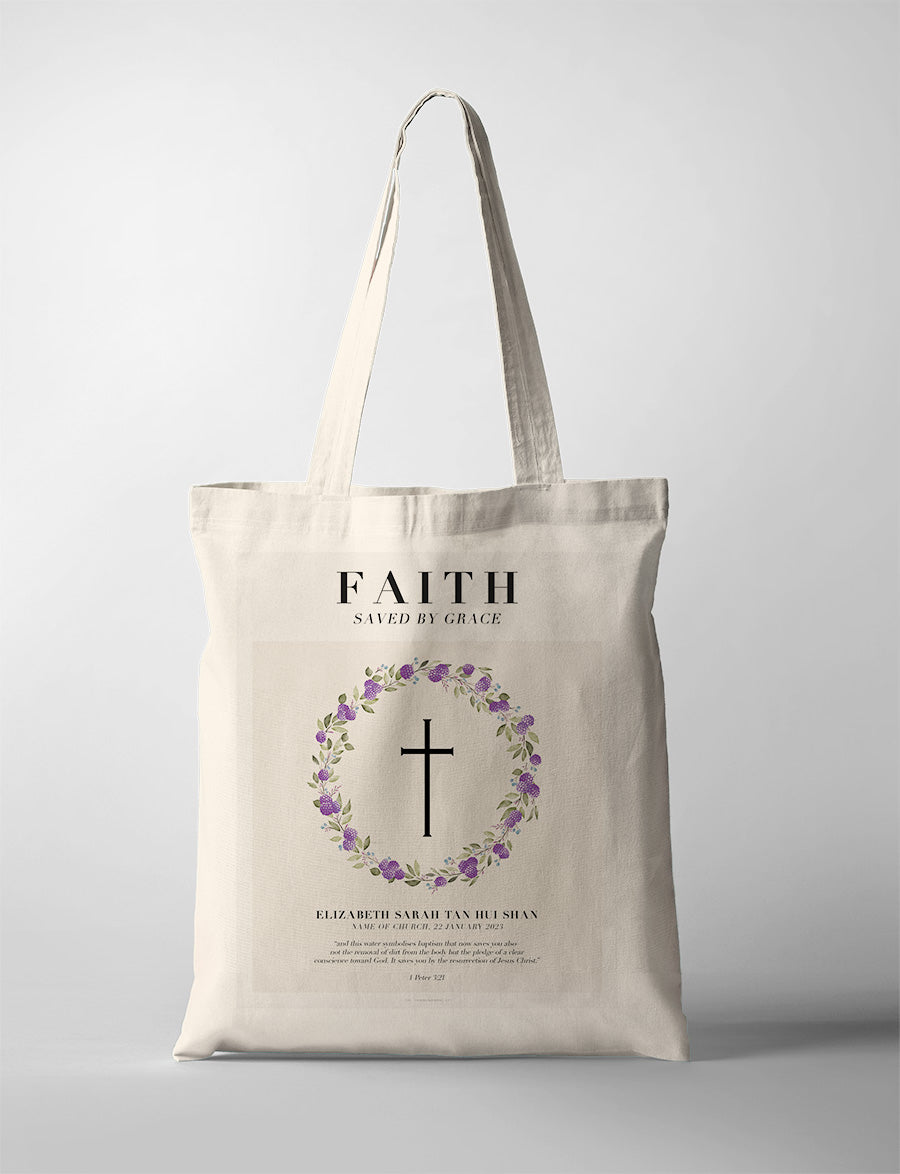 Christian baptism tote bag personalised for a baptism celebration.
