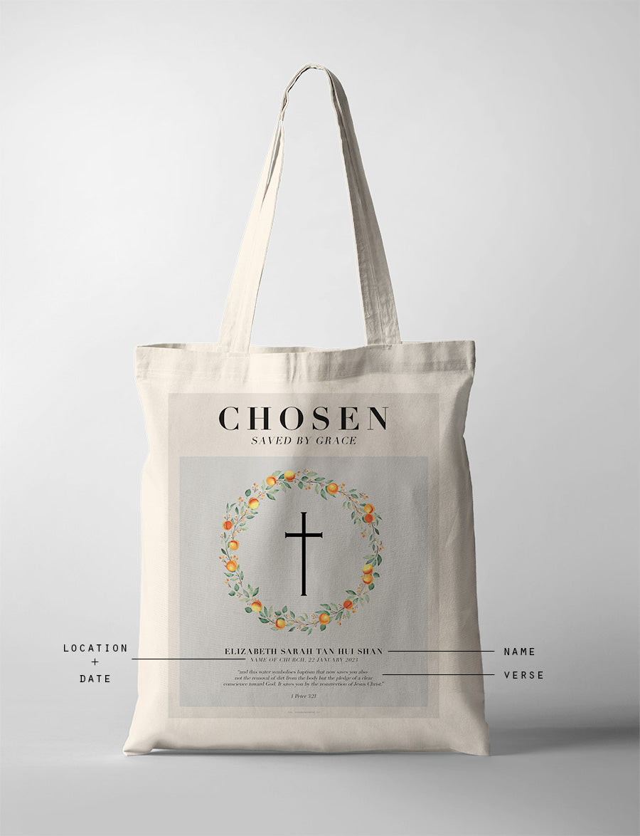 Chosen Loved Faith personalised baptism tote bag product view.