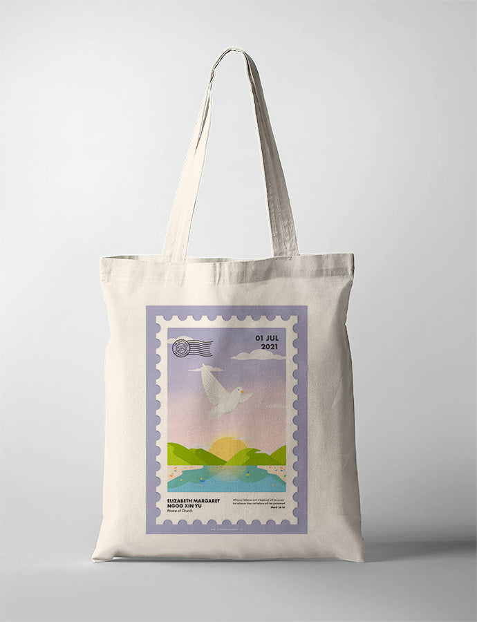 I Am Baptised Postage Stamp Tote Bag {Customisable} - tote bag by The Commandment Co, The Commandment Co , Singapore Christian gifts shop
