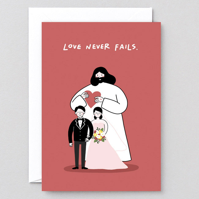 Love Never Fails wedding greeting card design