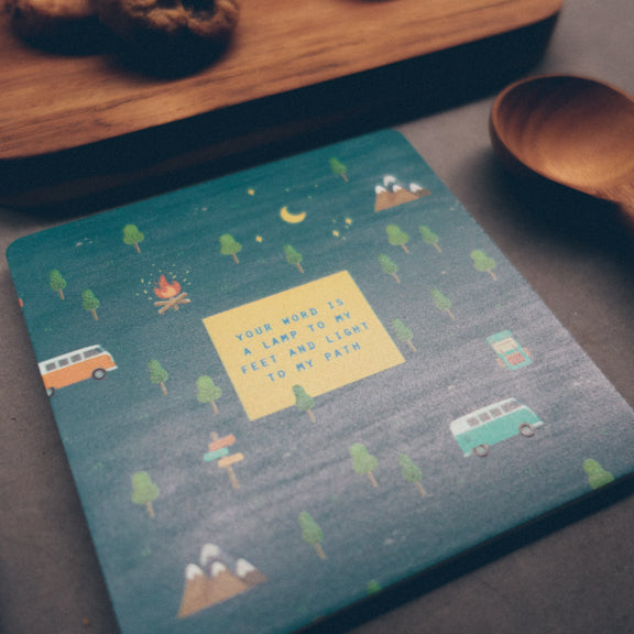 Digitally printed contemporary wooden coaster design with inspiring and encouraging bible verse psalm 65:11