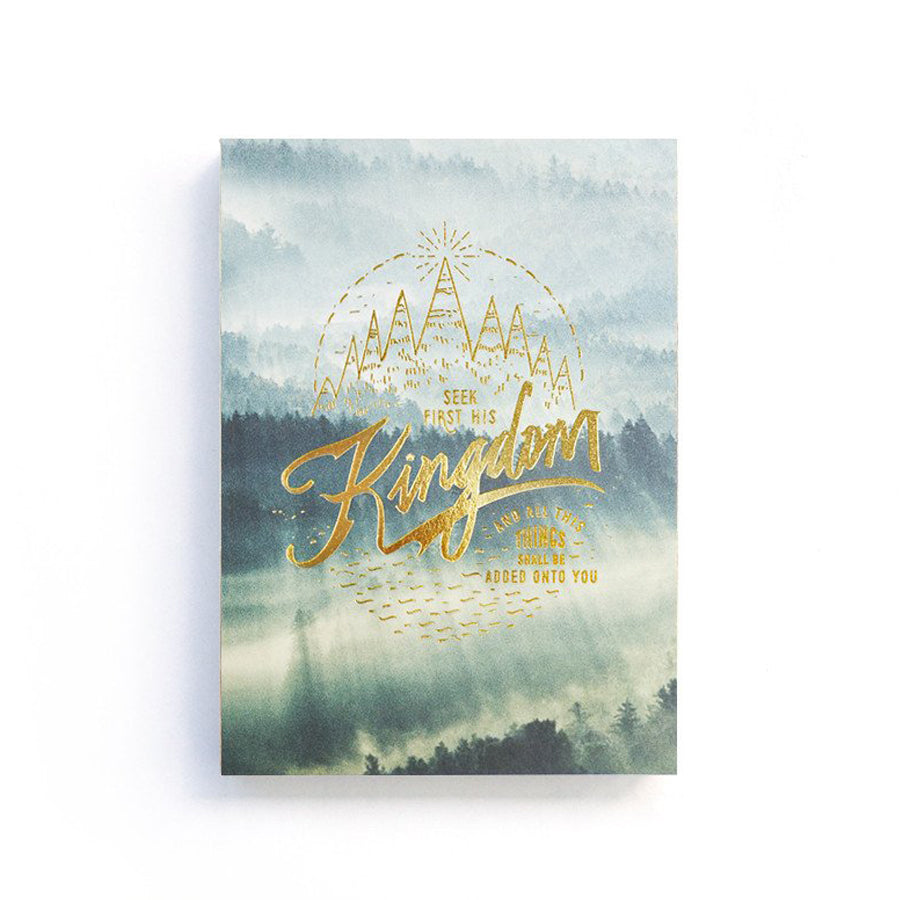 192 Pages notebook made of eco-friendly tree-free palm paper. Measures 105mm (W) x 148mm (H) x 17mm (D). 400gsm cover, 80 gsm inlay, coptically binded. Features ‘Seek first his kingdom and righteousness’ Christian notebook.