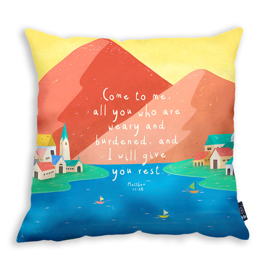 Come to Me and I Will Give You Rest Christian cushion cover inspired by Matthew 11:28.