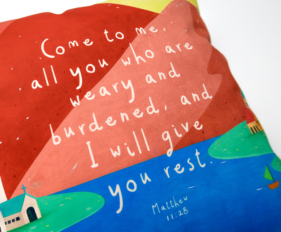 Colourful Come to Me Christian cushion cover with Matthew 11:28 wording.