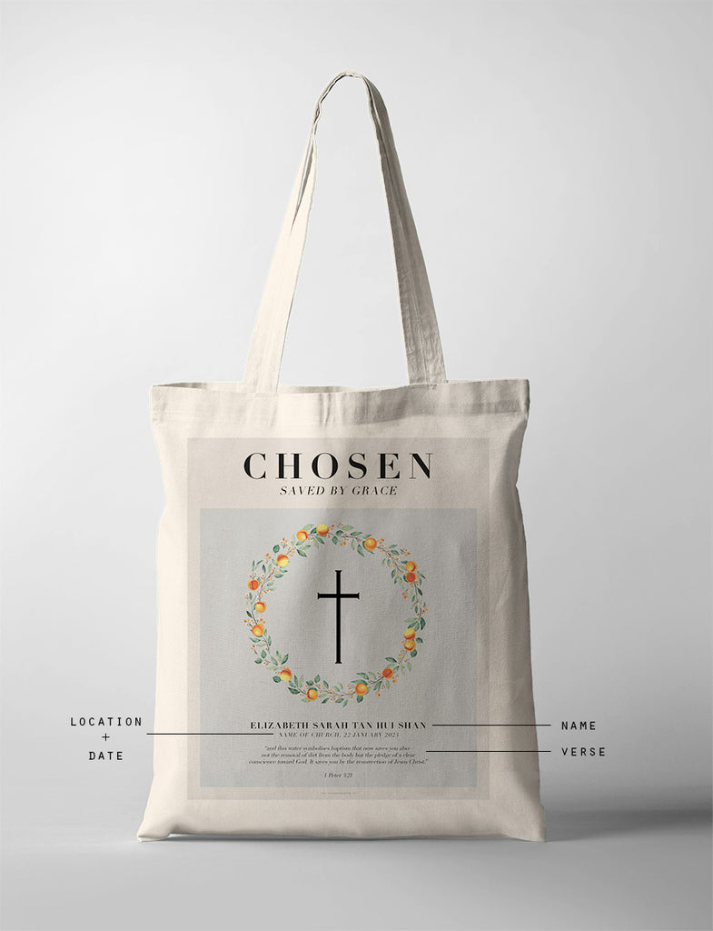 Chosen. Loved. Faith. Baptism Tote Bag {Customisable} - tote bag by The Commandment Co, The Commandment Co , Singapore Christian gifts shop