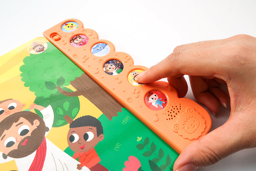 Play and stop controls with colourful illustrations in the Dance with Jesus sound book