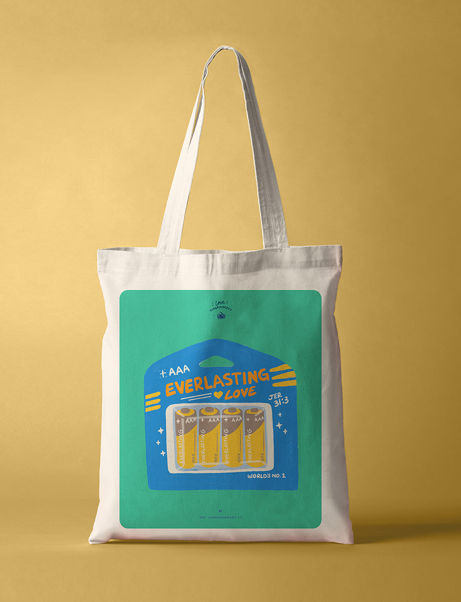 Everlasting Love Battery AAA Christian cotton canvas tote bag from Love Supermarket