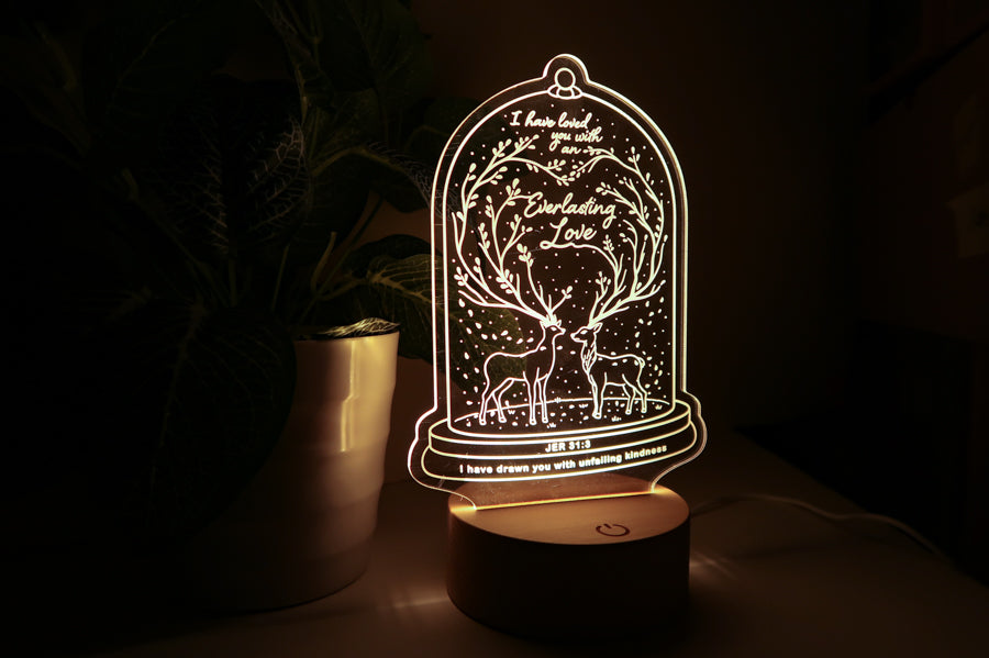 Everlasting Love night light with deer, flowers and leaves design