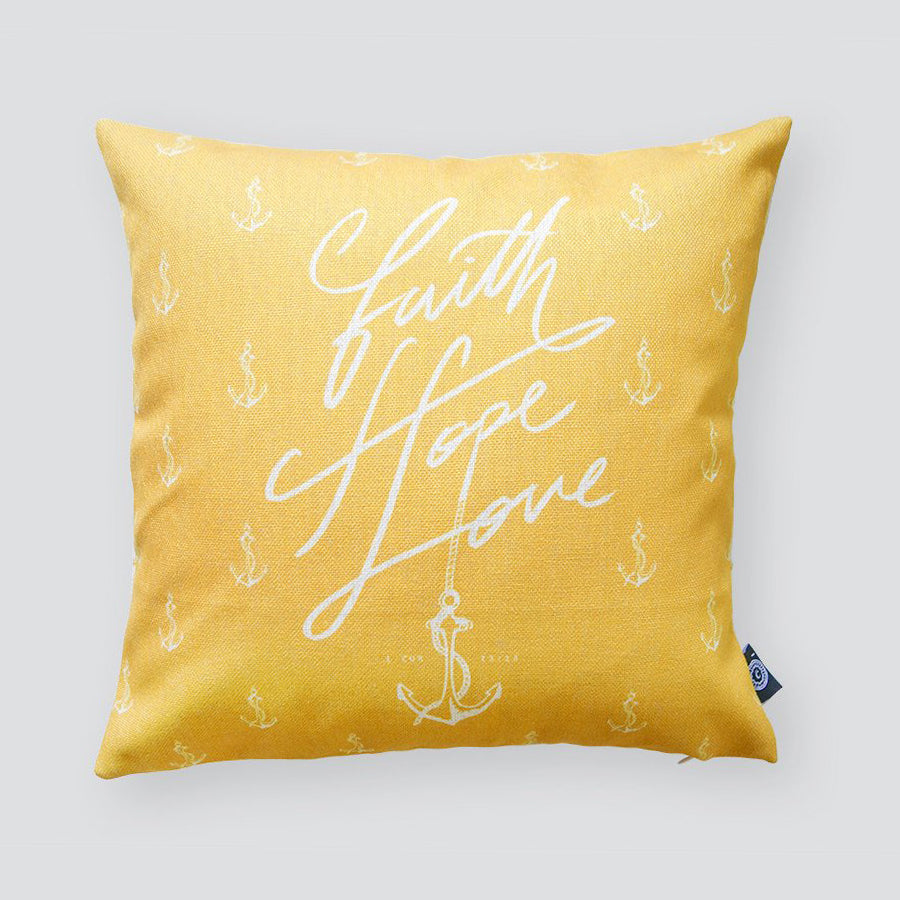 Premium 45cmx45cm pillow cover made of cotton linen,  sunshine yellow with designs of anchors. With hidden zip feature. Features verse ‘Faith Hope Love’.