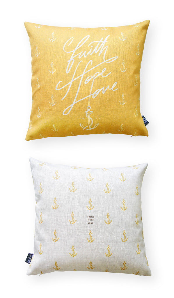 Comparison between front and back of cushion. Yellow theme, nautical designs. Living room home decor ideas