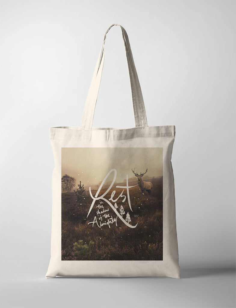 Tote bag that says "Rest in the shadow of the Almighty"