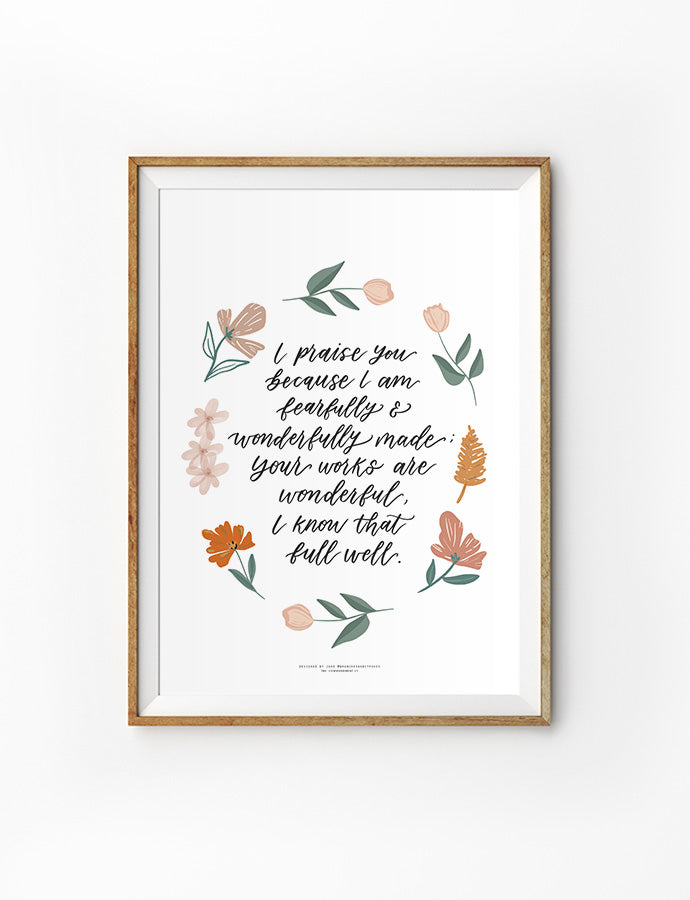 Fearfully and Wonderfully Made Psalm 139:14 Christian poster by Branches and Strokes.