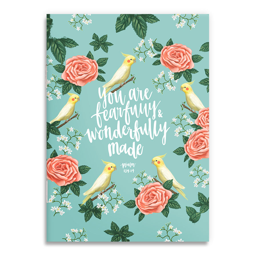 Fearfully And Wonderfully Made A6 Christian notebook front cover inspired by Psalm 139:14.