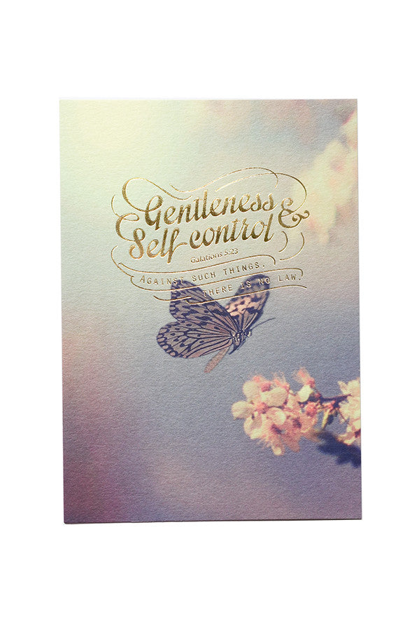 Gentleness and self control card with butterfly background. Great inspirational greeting card with Christian verses