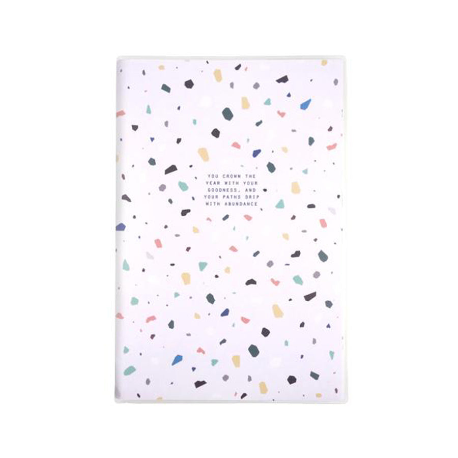 Goodness and Abundance A5 Christian notebook front cover with terrazzo-style design.