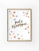 Christian home and living poster that says "Great Is Thy Faithfulness"