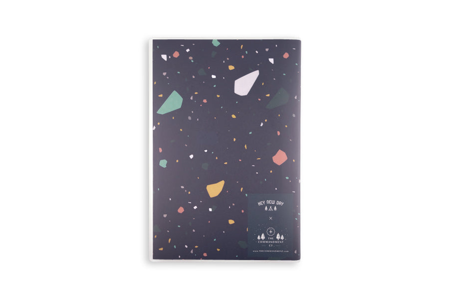 Great Is Your Faithfulness A5 Christian notebook back cover with blue terrazzo-style design.