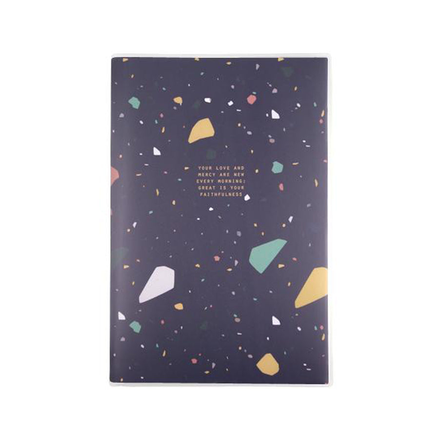 Great Is Your Faithfulness A5 Christian notebook front cover with blue terrazzo-style design.