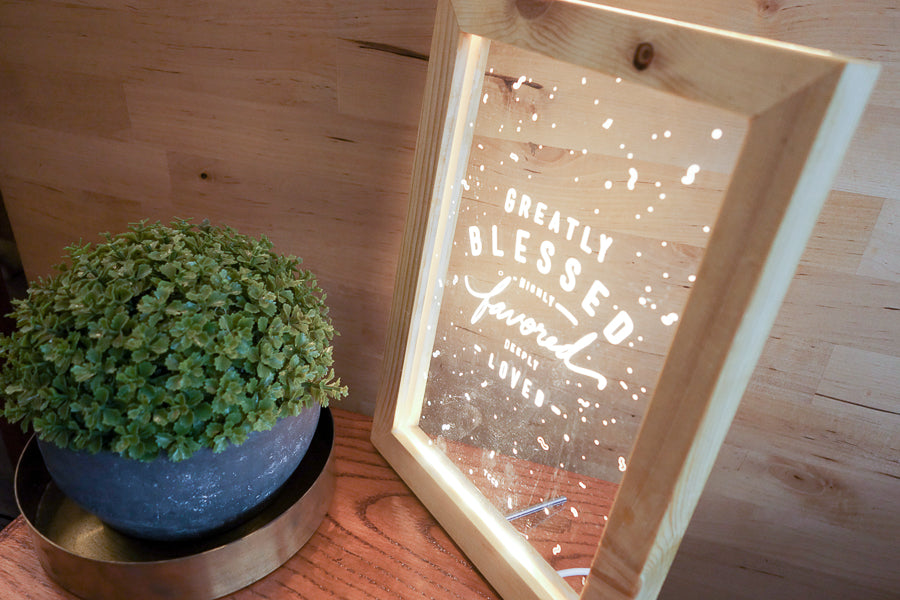 Christian night light with “Greatly blessed, highly favored, deeply loved” wording