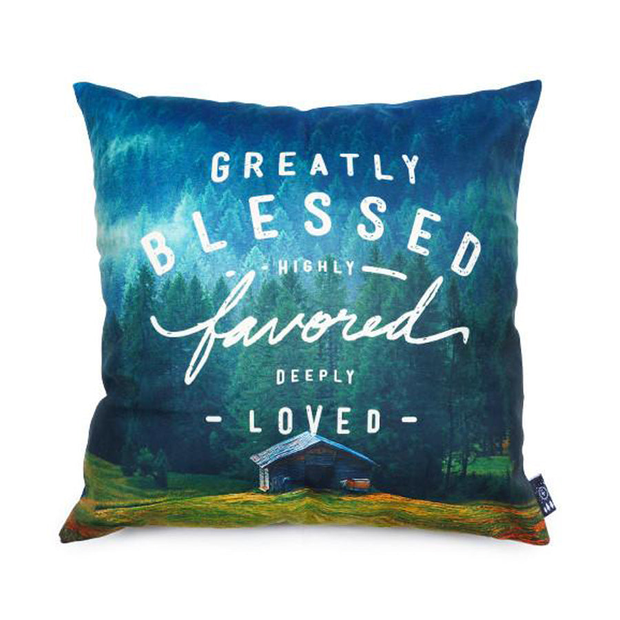 Greatly Blessed Highly Favored Deeply Loved Christian velvet cushion cover.