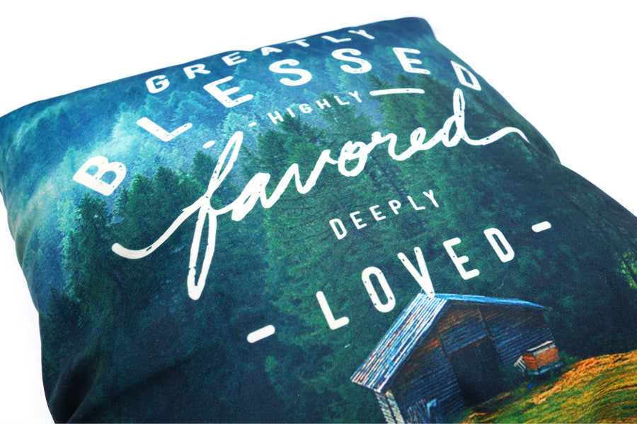 Christian velvet cushion cover with Greatly Blessed Highly Favored Deeply Loved wording.
