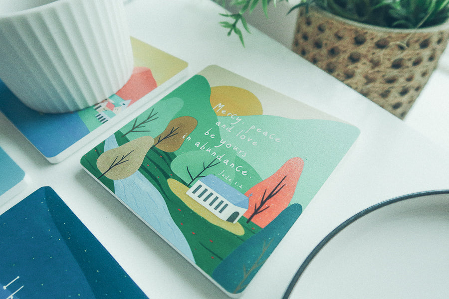 Mercy, Peace and Love {Coasters} Revival Healing Ministry - coasters by The Commandment Co, The Commandment Co , Singapore Christian gifts shop