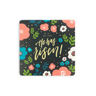 He is not here, He has Risen! Black background pink blue white bubble style flowers green ferns