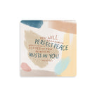 He Trusts In You Christian wooden coaster inspired by Isaiah 26:3.