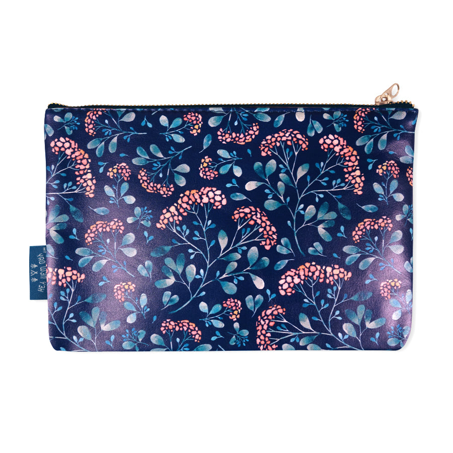 The back of the pouch features elegant plant designs
