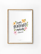 Christian wall art poster that says "I am Beautifully made" by @giusletters