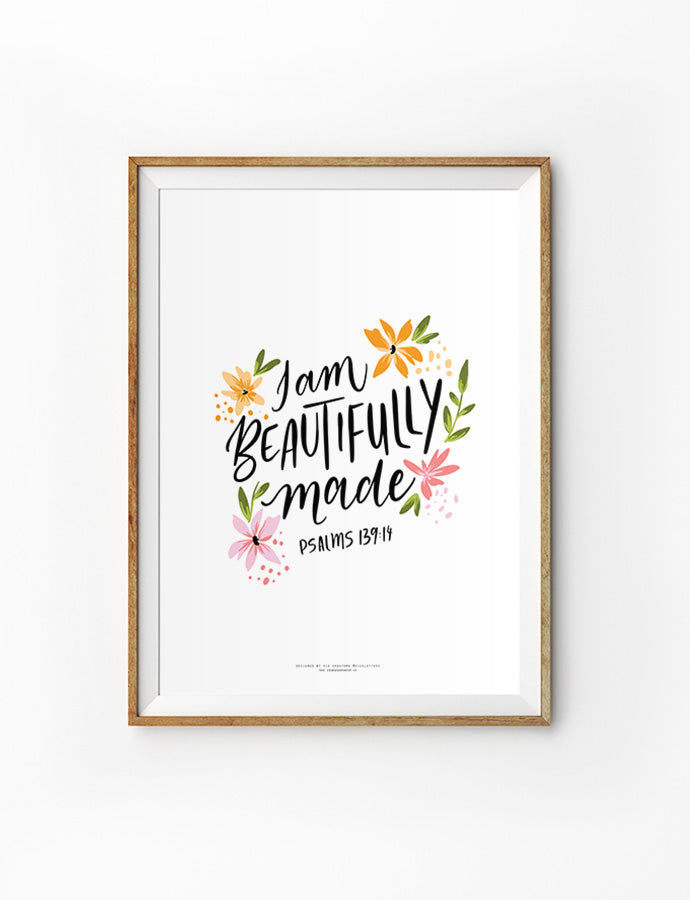 Christian wall art poster that says "I am Beautifully made" by @giusletters
