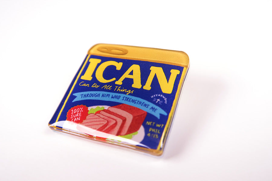I Can Luncheon Meat Love Supermarket acrylic pin product view.