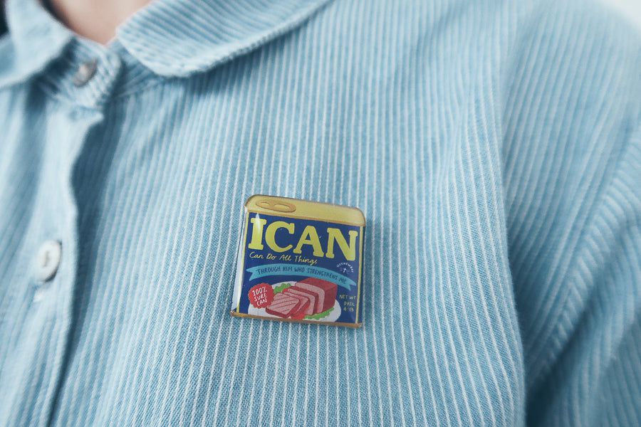 I Can Luncheon Meat acrylic pin displayed as a faith-inspired accessory.