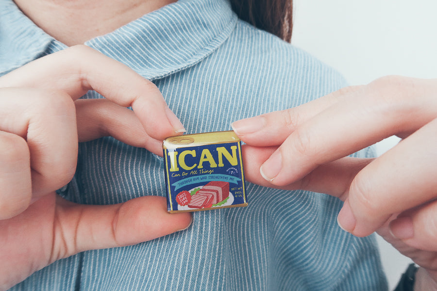Love Supermarket I Can Luncheon Meat acrylic pin packaging design.