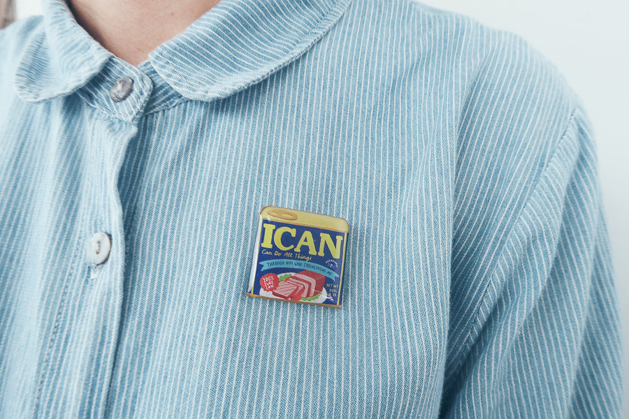 I Can Luncheon Meat Christian acrylic pin worn on clothing.