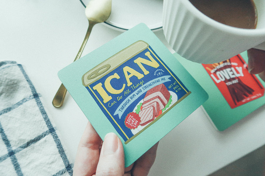 I Can Luncheon Meat Christian wooden coaster product view.