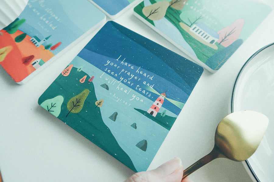 I Have Heard Your Prayer Christian coaster with lighthouse and starry-night illustration.