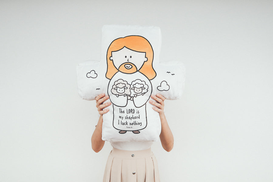 Jesus and Me cross plush with Jesus and two sheep design